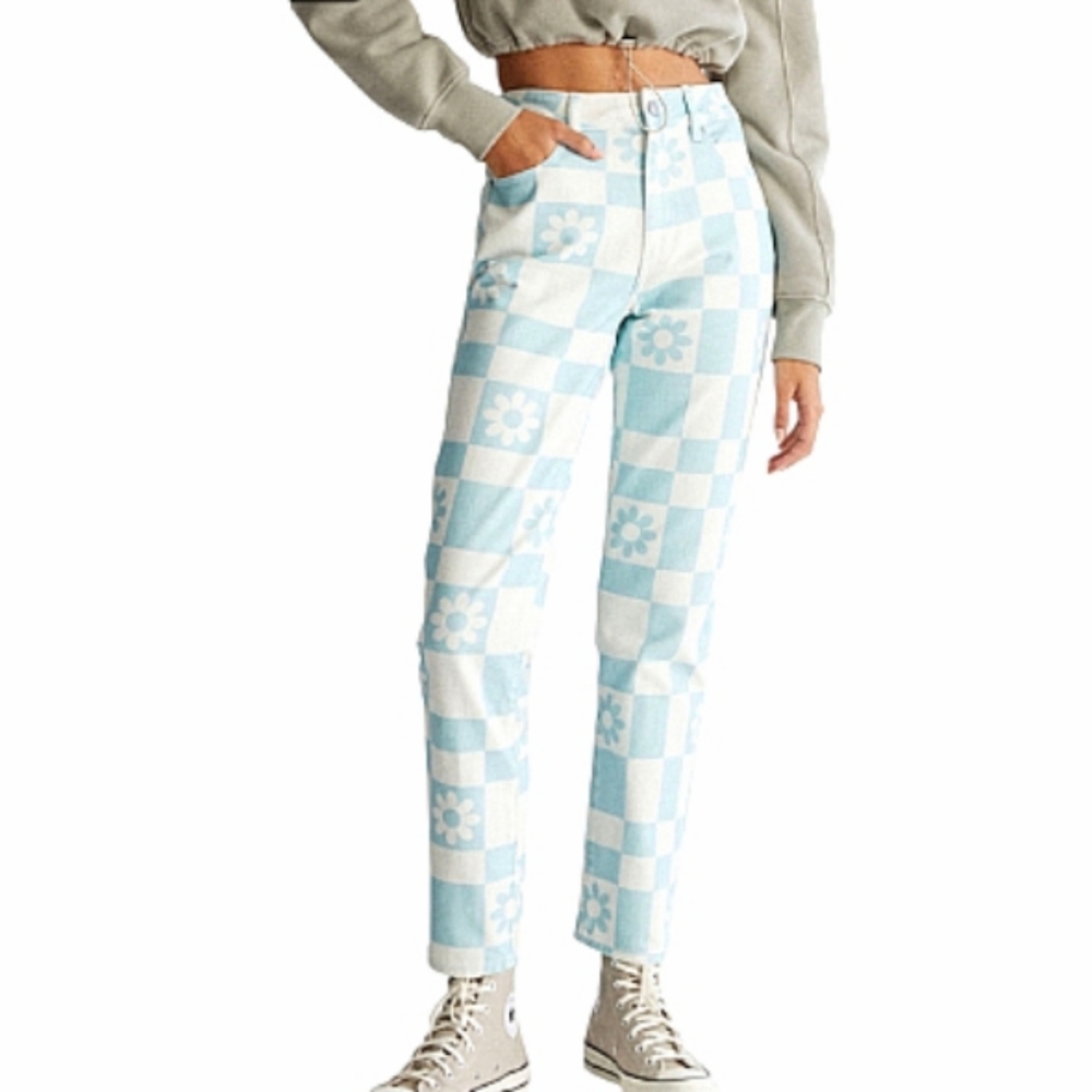 PacSun Eco Flower Mom Checkerboard Jeans in Medium Indigo High Rise Sz 29 NWT